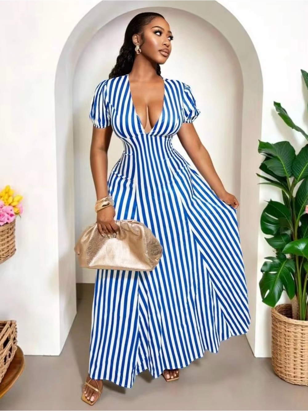 Blue and White Striped V-Neck Maxi Dress - 8/10 - Picture 6 of 6